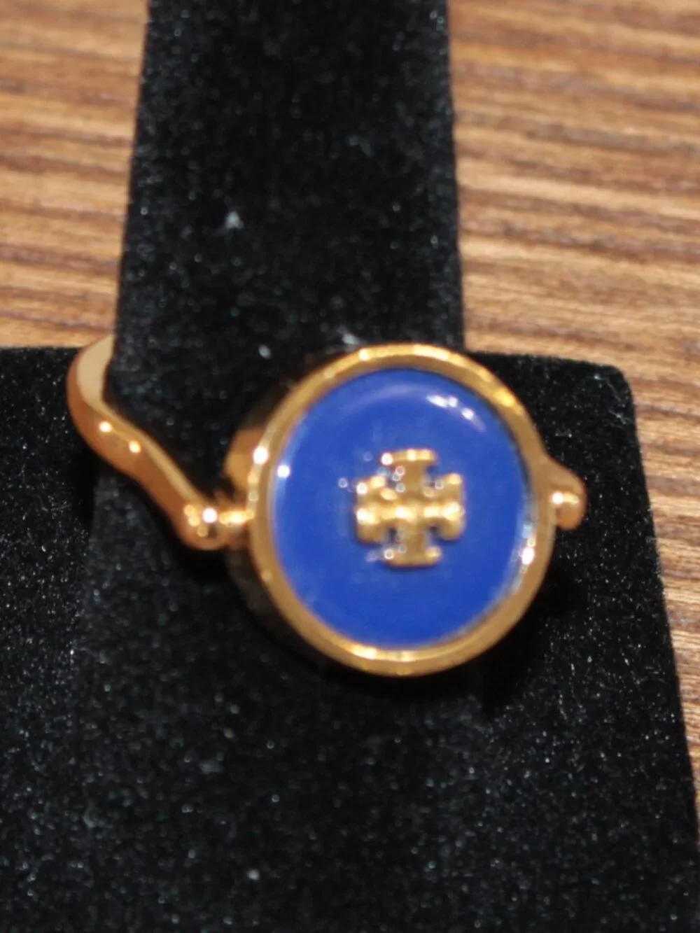 Tory Burch Reversible Blue Gold Logo Ring Size 6 NWT